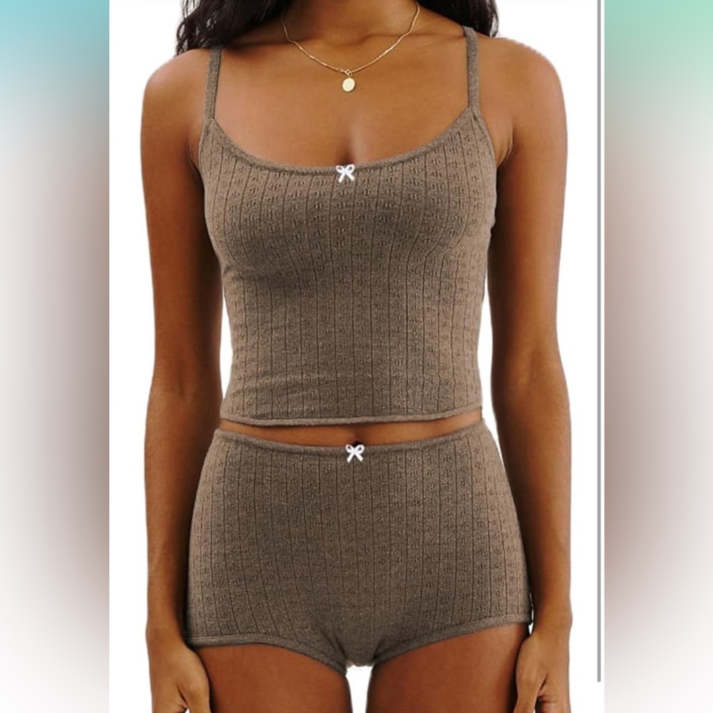 Amazon Women's Ribbed Cami Crop Top & High-Waist Shorts Pajama Set - Brown/Mauve